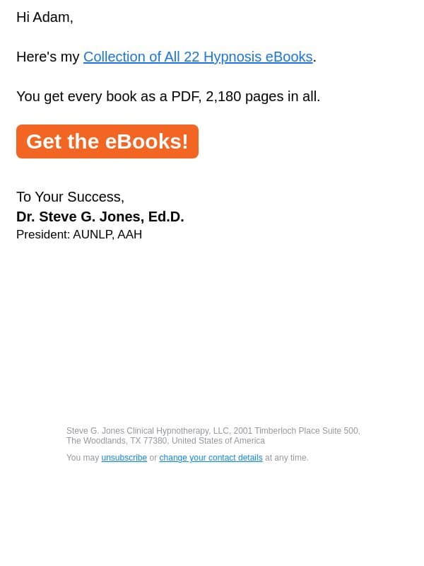 All 22 hypnosis eBooks email from Steve G. Jones screenshot
