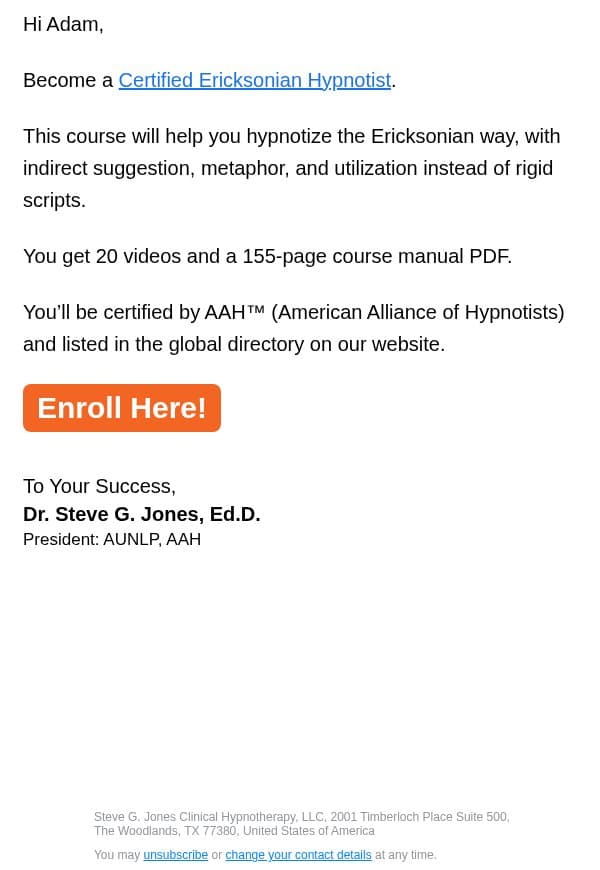 Become Ericksonian certified email from Steve G. Jones screenshot
