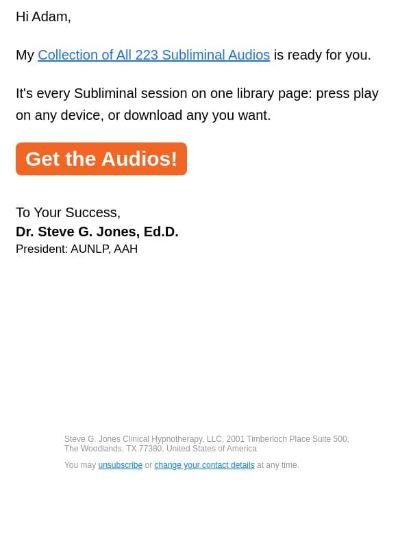 Subliminal collection email from Steve G. Jones screenshot