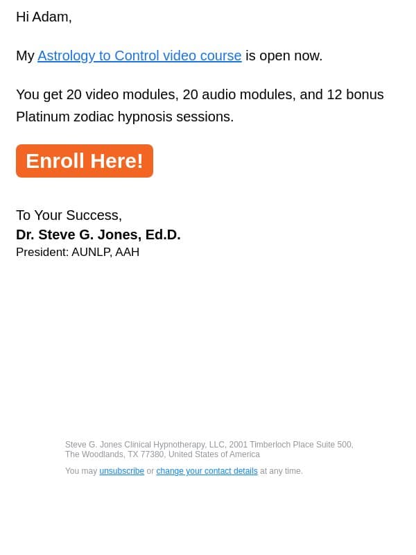 Astrology to Control course email from Steve G. Jones screenshot