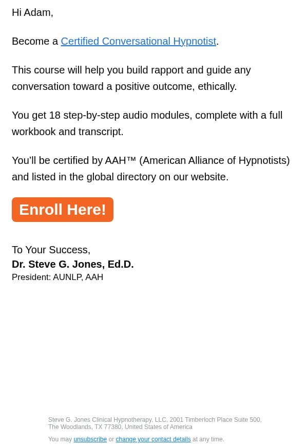 Be a conversational hypnotist email from Steve G. Jones screenshot