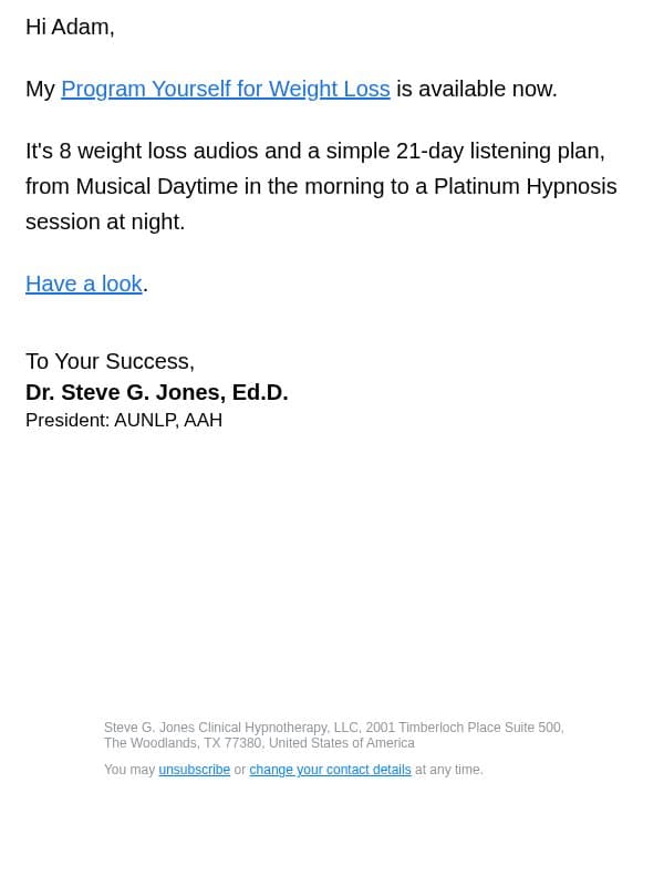 Program Yourself: Weight Loss email from Steve G. Jones screenshot