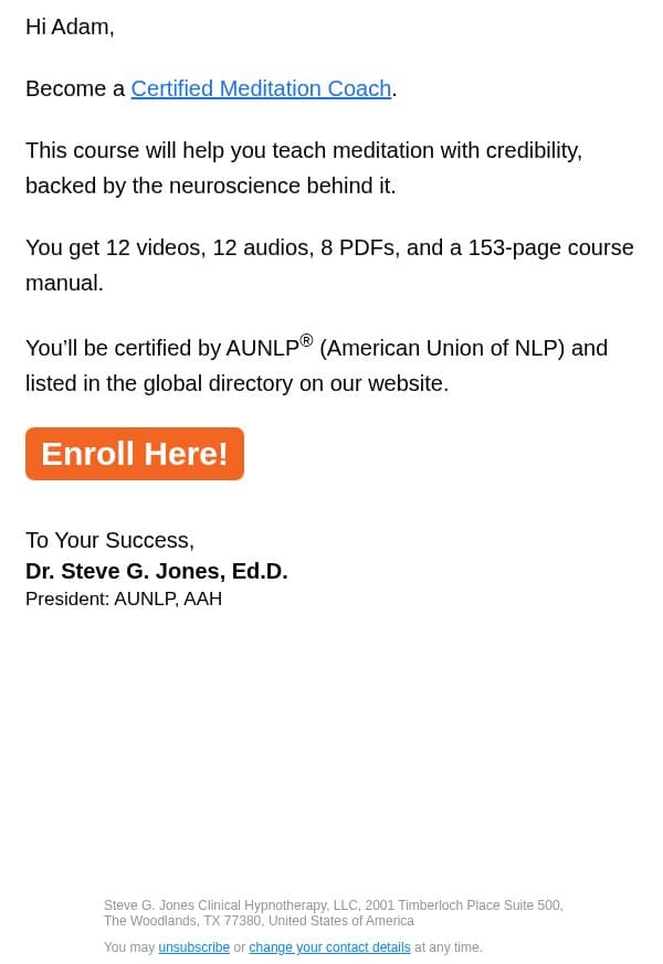 Become a meditation coach email from Steve G. Jones screenshot