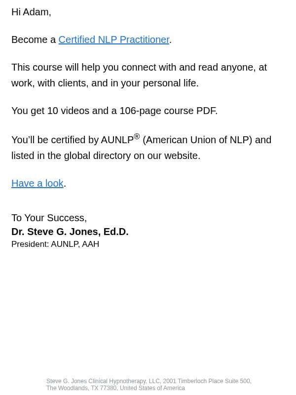 Become an NLP practitioner email from Steve G. Jones