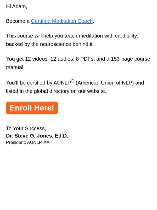 Become a meditation coach email from Steve G. Jones