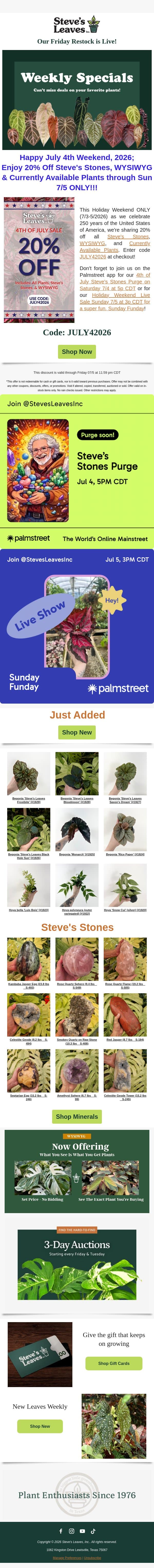 Don't Miss Out: 20% Off for July 4th! email from Steve's Leaves screenshot