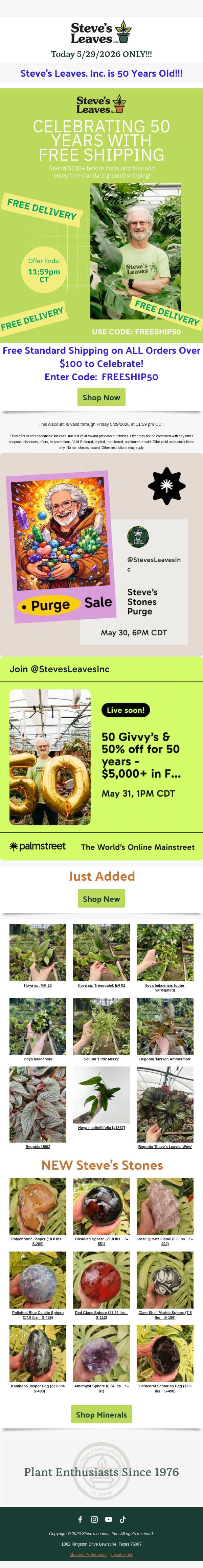 50 Years Strong - Free Shipping Awaits! email from Steve's Leaves screenshot