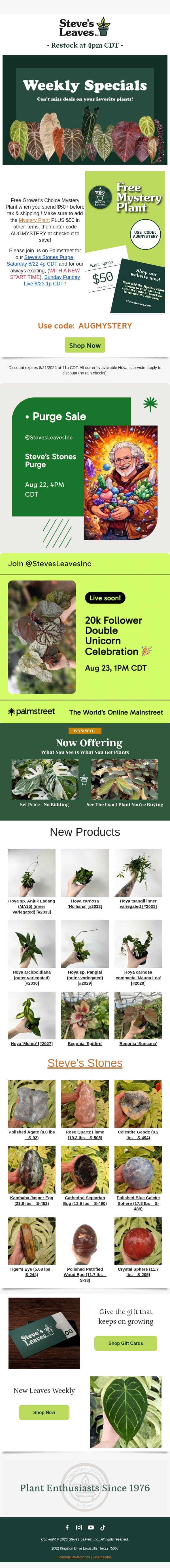 Free Grower's Choice Plant When You Spend $50!! email from Steve's Leaves screenshot