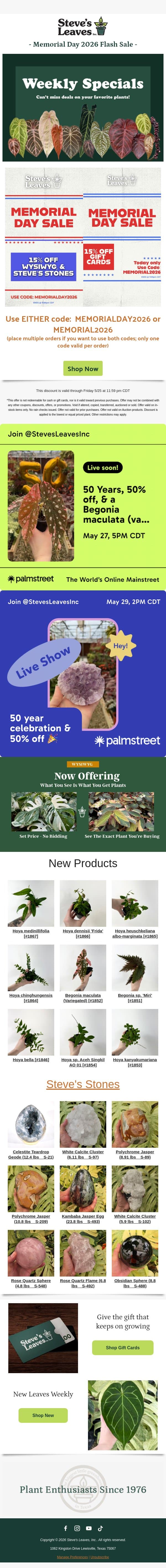 Memorial Day 2026 Flash Sale - 15% off Gift Cards or 15% off WYSIWYG & Steve's Stones! email from Steve's Leaves screenshot