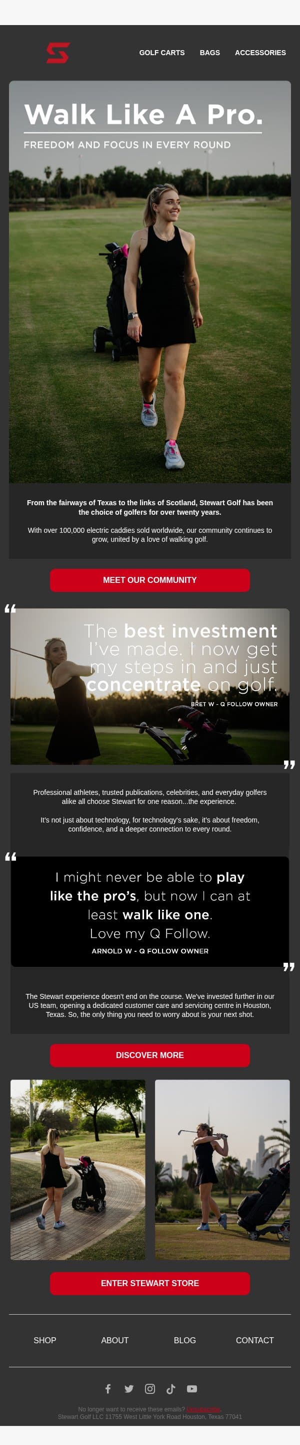 Want To Walk Like The Pro's? email from Stewart Golf screenshot