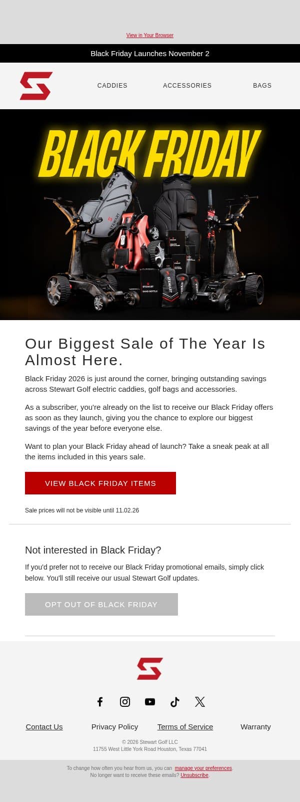 Get ready for Black Friday 2026 đź–¤ email from Stewart Golf screenshot