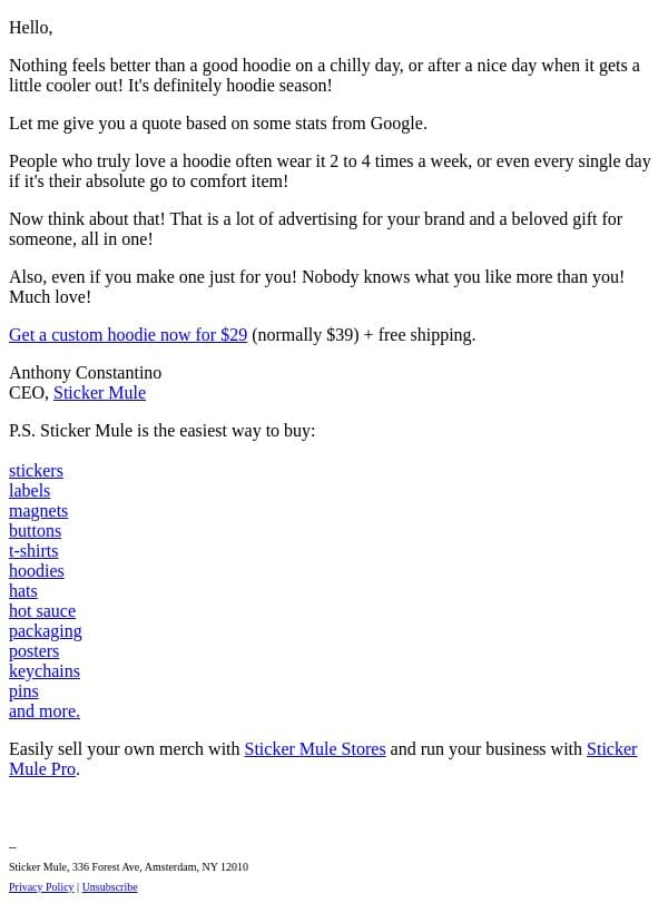 Custom hoodies email from Sticker Mule screenshot