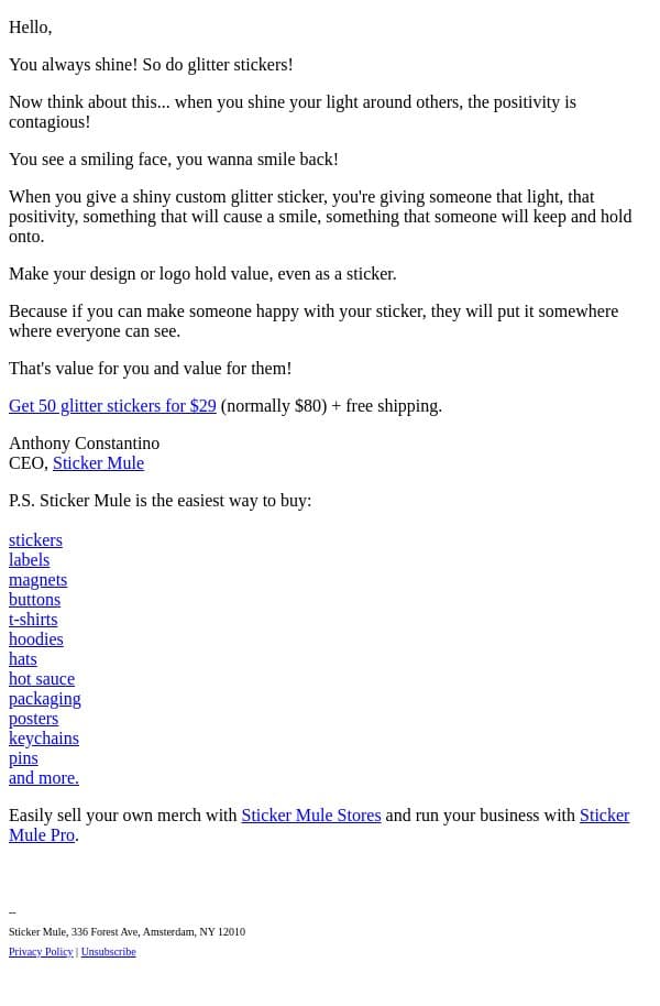 Glitter stickers email from Sticker Mule screenshot