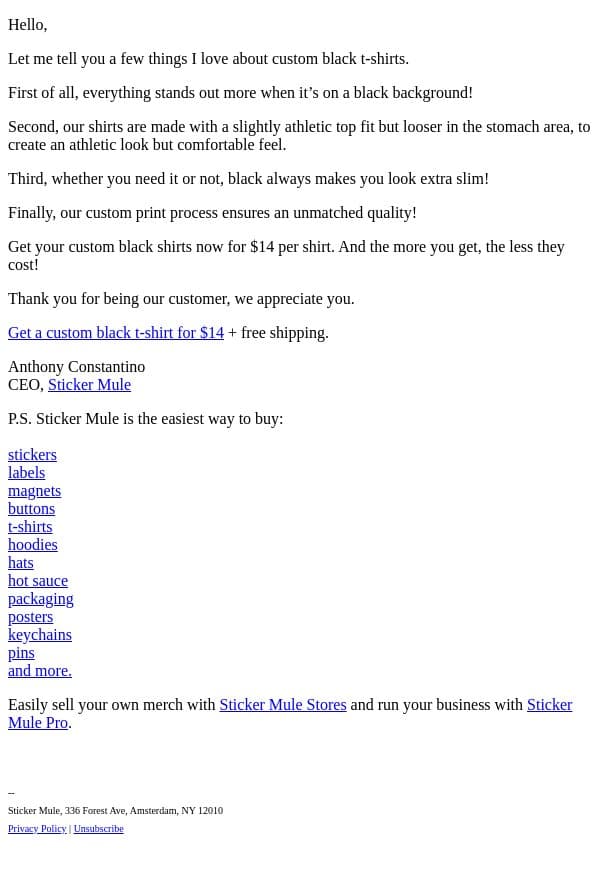 Get a custom black t-shirt for $14 email from Sticker Mule screenshot