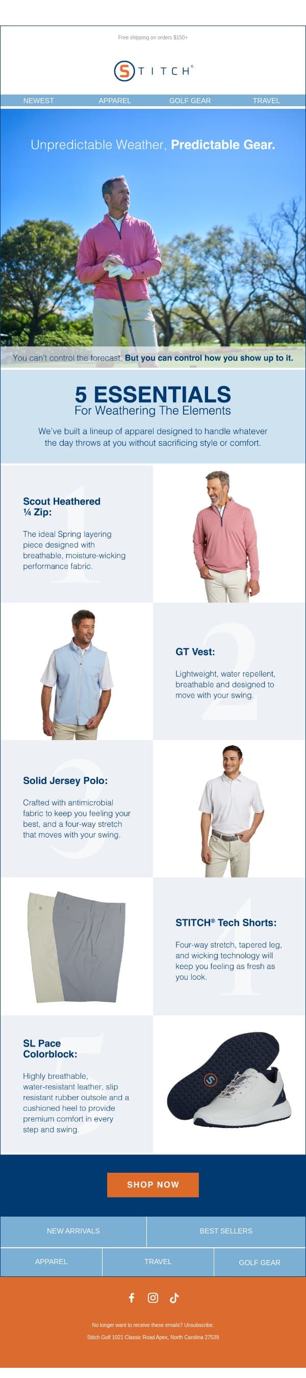 Unpredictable Weather. Predictable Gear. email from Stitch Golf screenshot