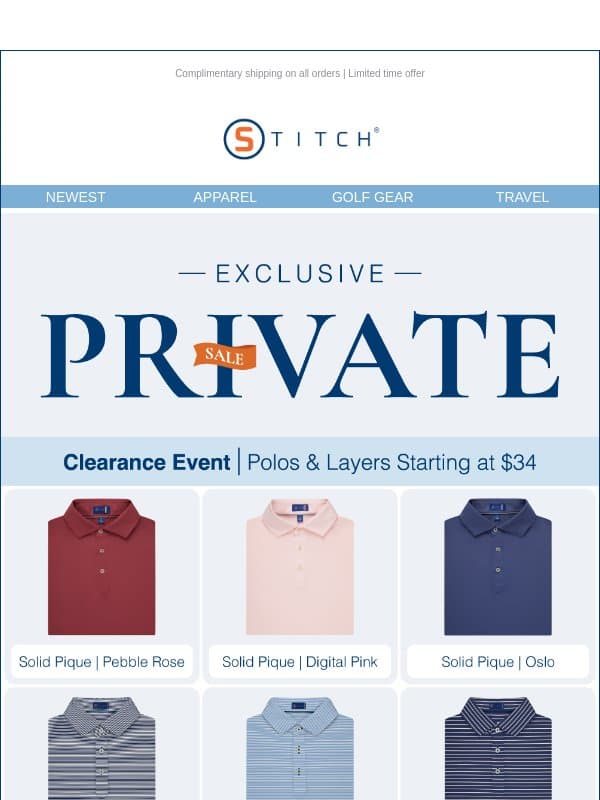PRIVATE OUTLET SALE STARTS NOW | Polos Starting At $34 email from Stitch Golf