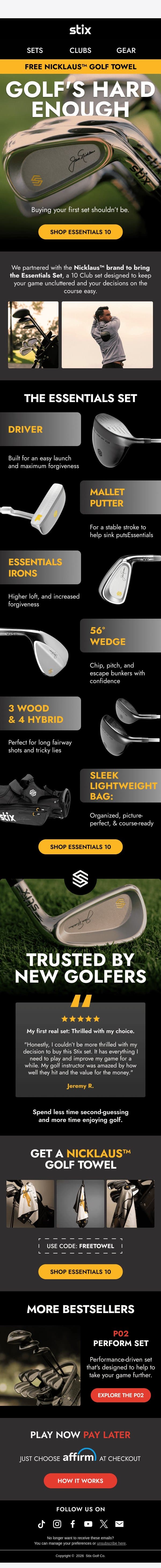 Our best-selling set for new golfers? email from Stix Golf screenshot