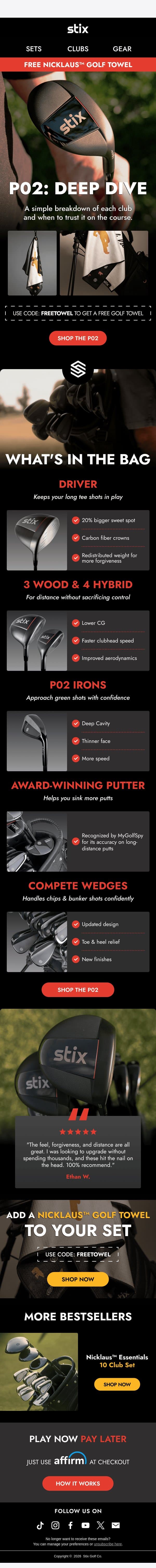 What makes the P02 our bestseller? email from Stix Golf screenshot