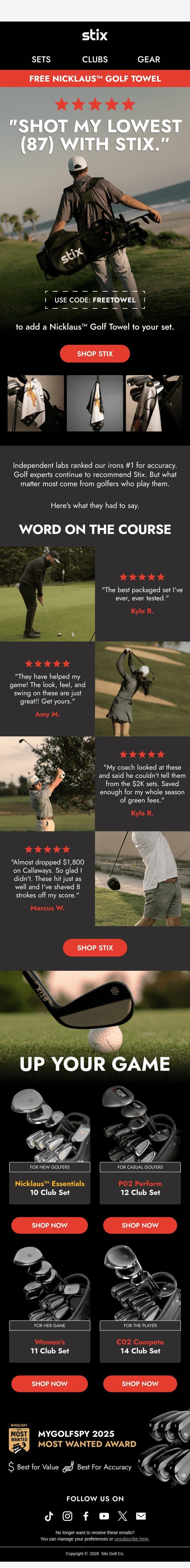 “Shaved 8 strokes off my score with this." email from Stix Golf screenshot