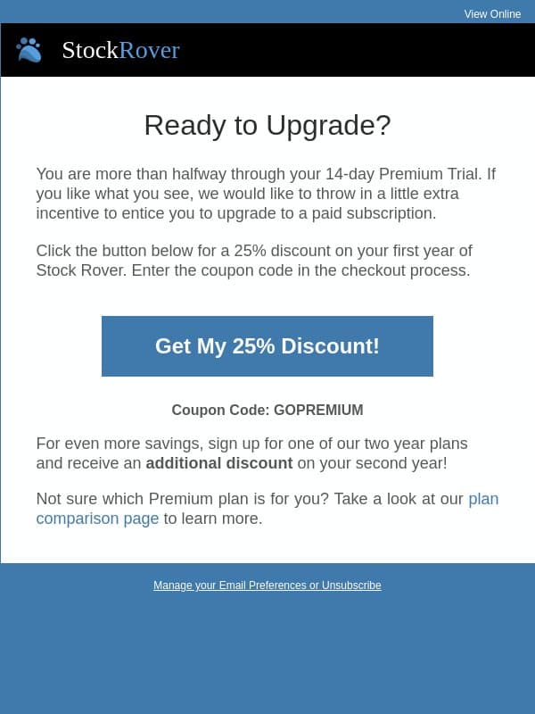 Get a Discount on Stock Rover Premium email from Stock Rover