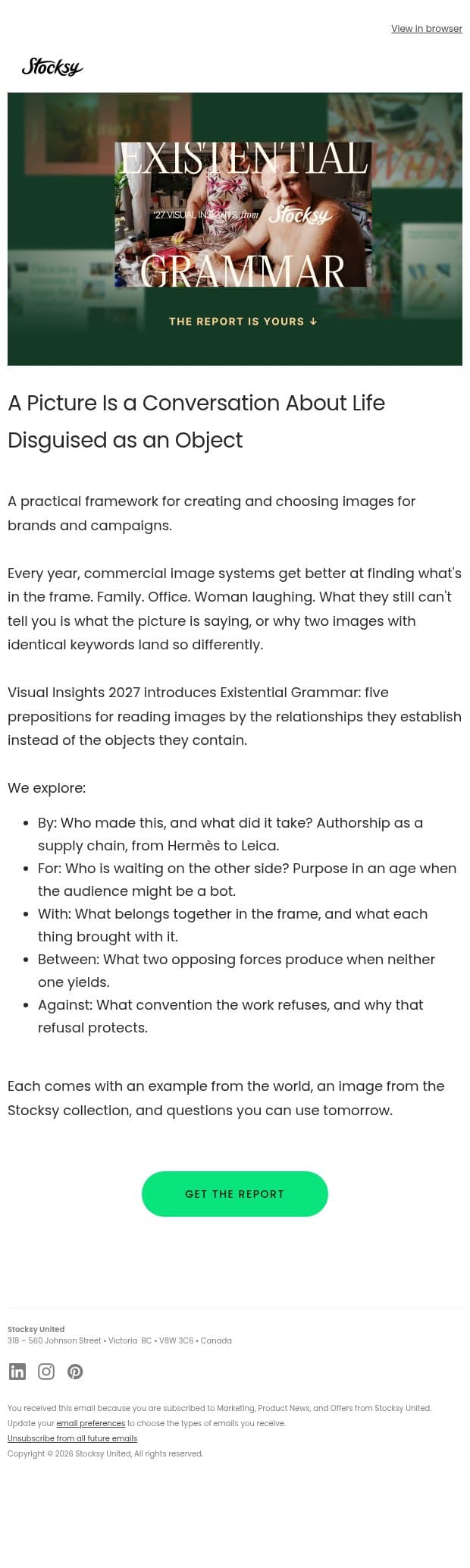 Visual Insights 2027: Existential Grammar email from Stocksy screenshot