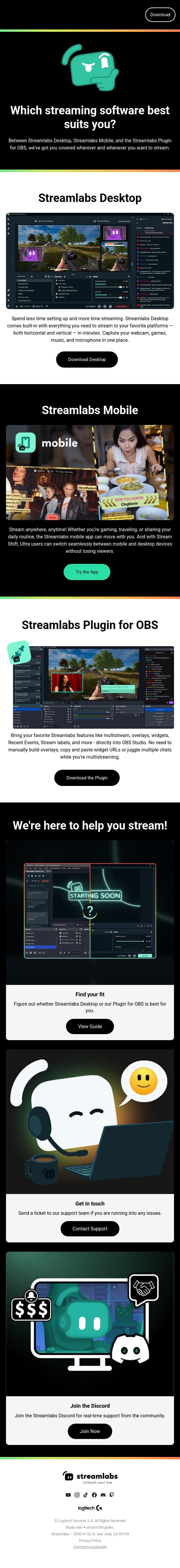 Which streaming software best suits you? email from Streamlabs screenshot
