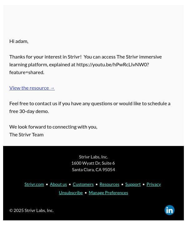 The Strivr resource you requested email from Strivr