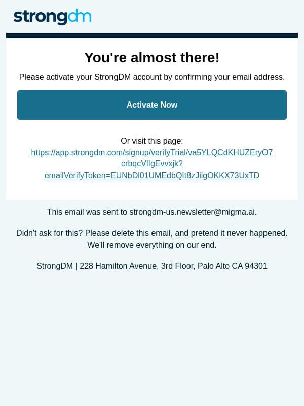 Confirm your email address on StrongDM email from StrongDM screenshot