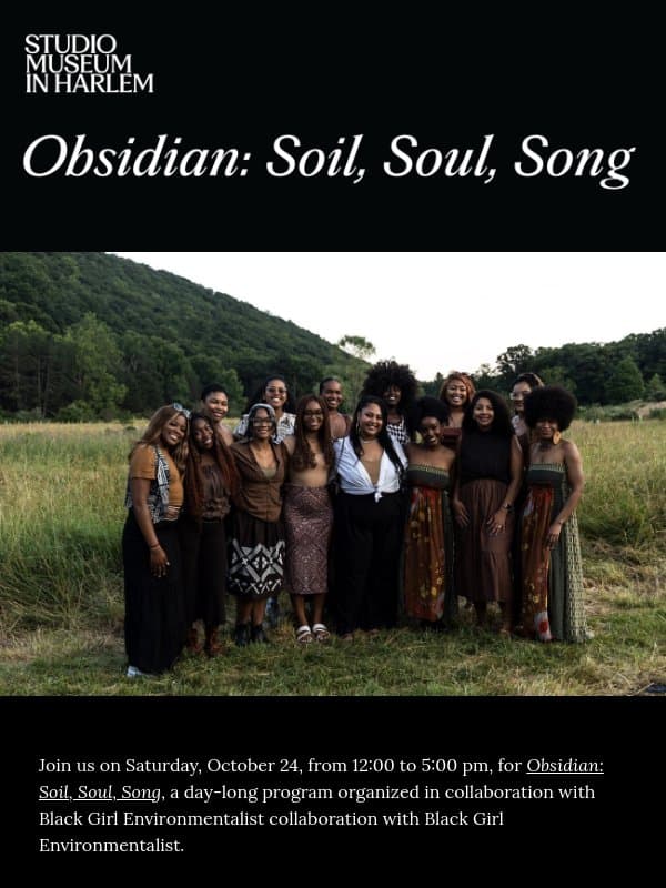 Join us for "Obsidian: Soil, Soul, Song" on October 24 email from Studio Museum in Harlem