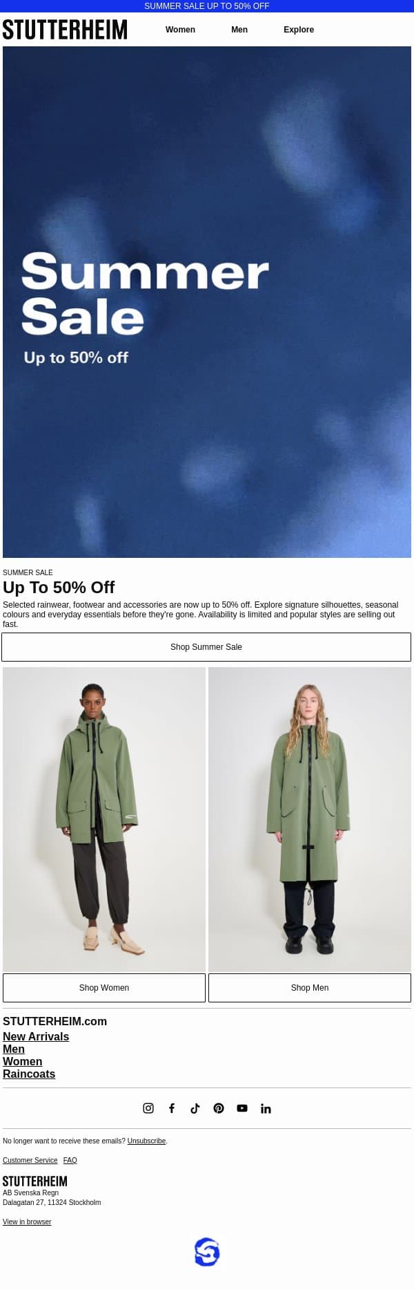 Summer Sale: Up To 50% Off email from Stutterheim screenshot
