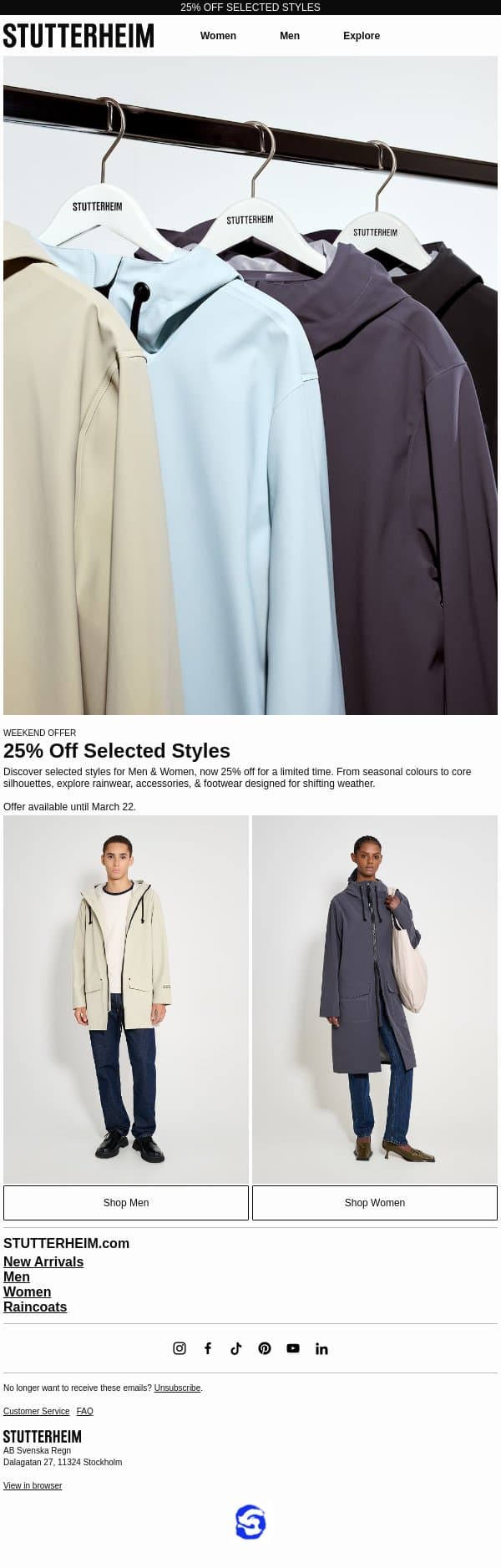 Weekend Offer: 25% Off Selected Styles email from Stutterheim screenshot