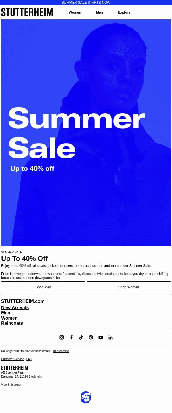 Summer Sale Starts Now email from Stutterheim screenshot