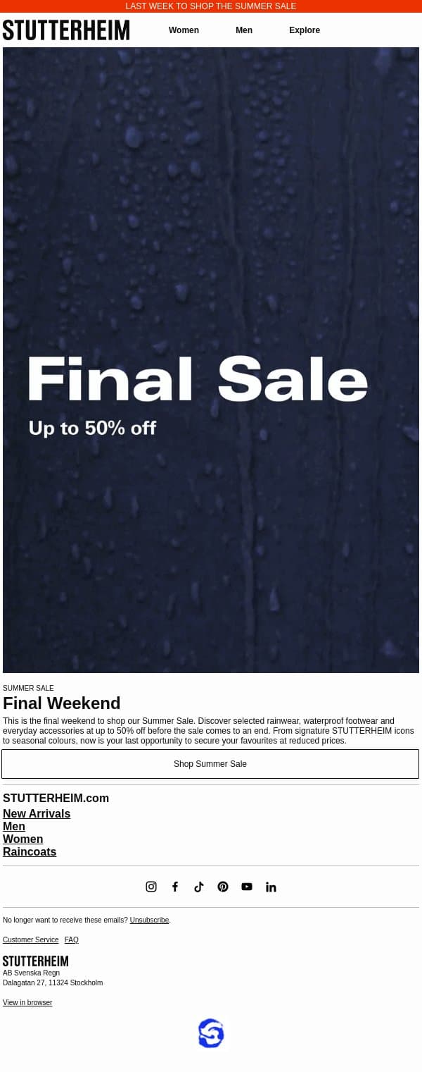 The Summer Sale Ends Soon email from Stutterheim screenshot