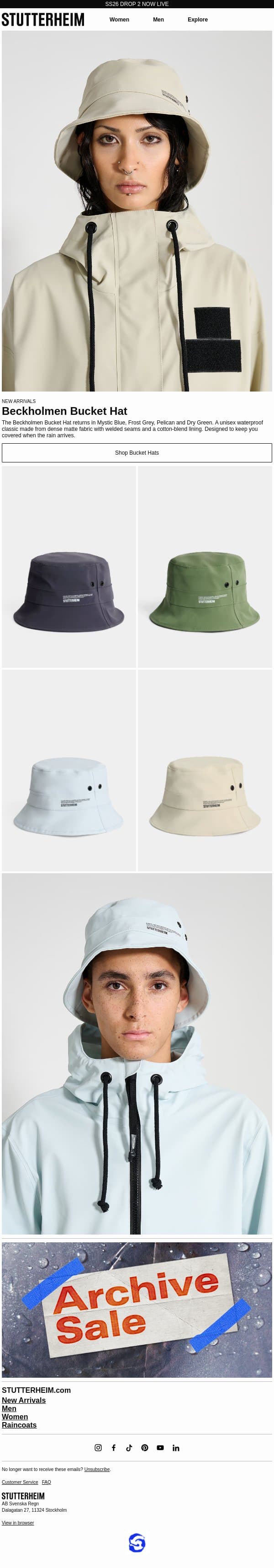 Beckholmen Bucket Hat in SS26 Colours email from Stutterheim screenshot