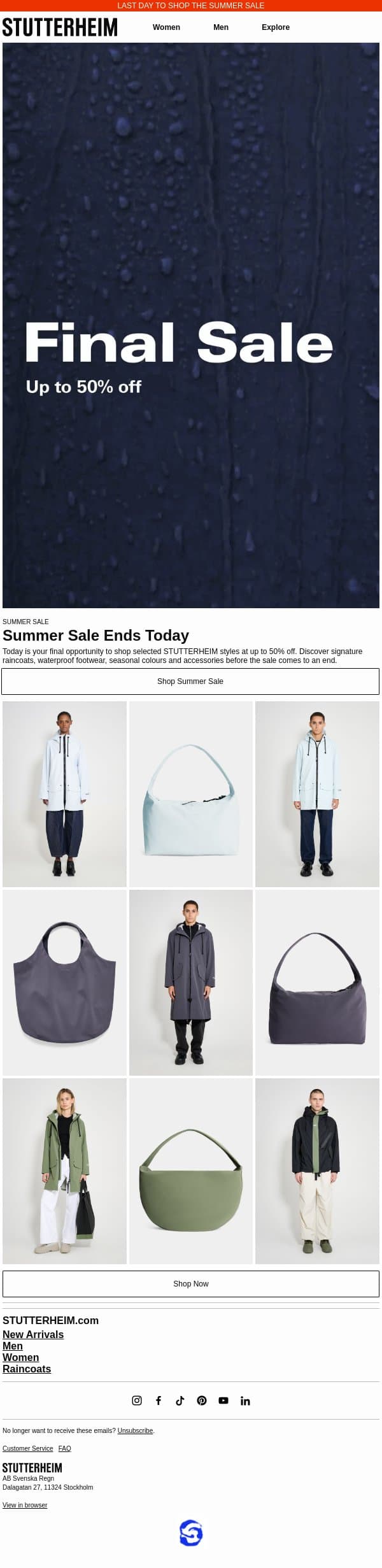 Final Day: Summer Sale email from Stutterheim screenshot