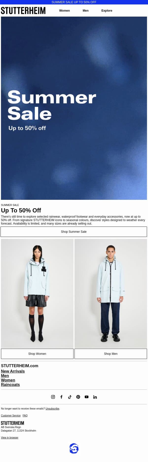 Summer Sale Still On email from Stutterheim screenshot