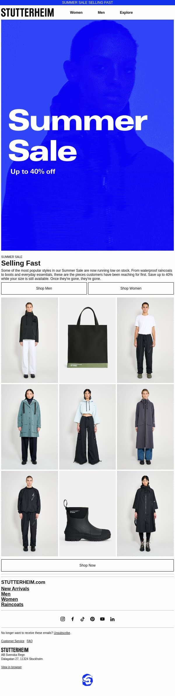 Summer Sale: Selling Fast email from Stutterheim screenshot