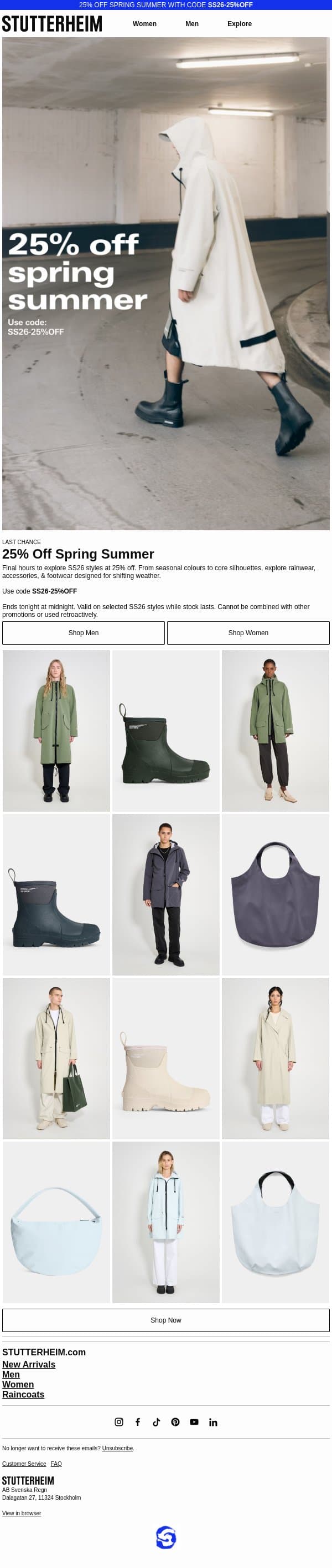 Final Hours: 25% Off Spring Summer email from Stutterheim screenshot