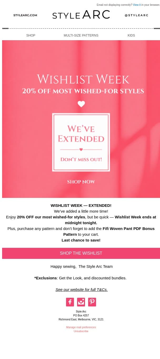 π Wishlist Week Has Been Extended! π email from Style Arc screenshot