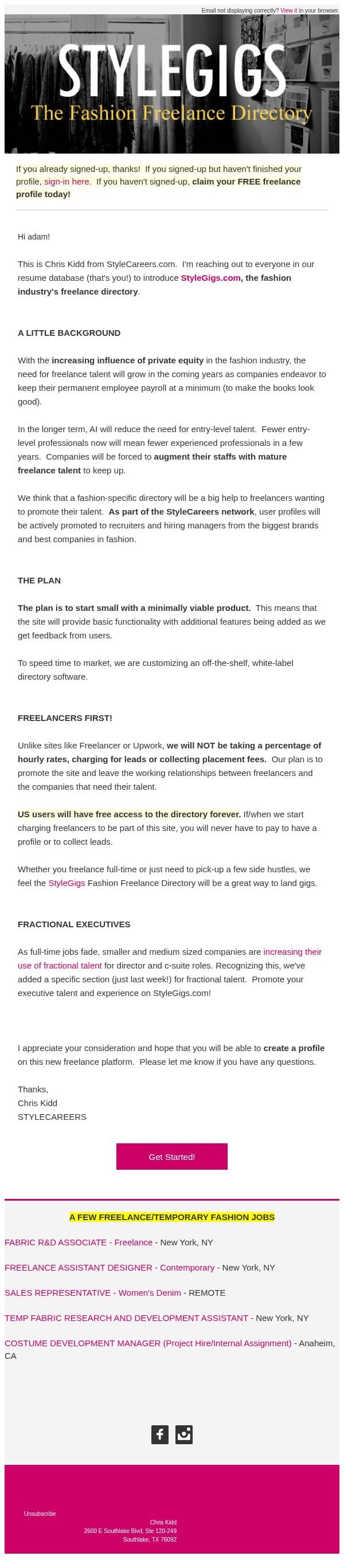 Fashion Freelance and Fractional Directory email from StyleCareers screenshot