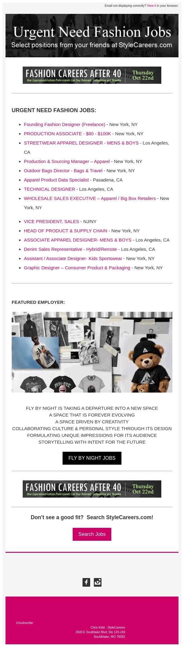 Urgent Need Fashion Jobs email from StyleCareers screenshot