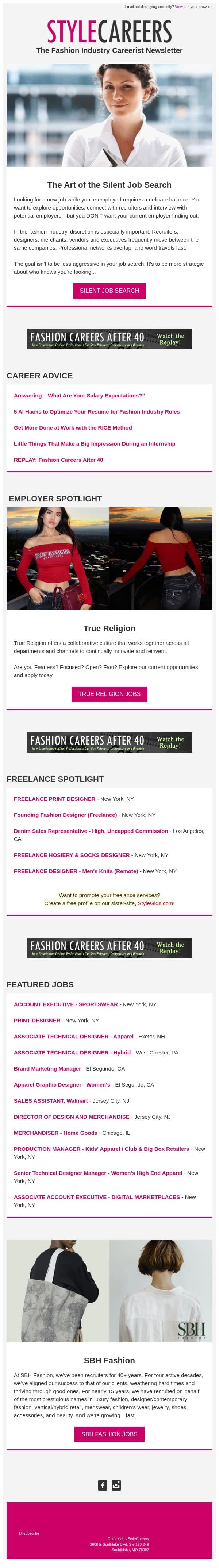 Fashion Careerist Newsletter - Looking for a job? Keep it quiet. email from StyleCareers screenshot