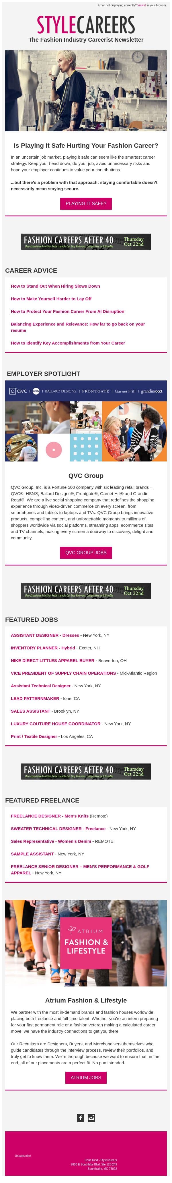 Fashion Careerist Newsletter - Playing it safe with your career? email from StyleCareers screenshot