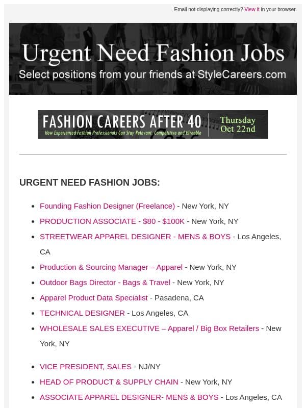 Urgent Need Fashion Jobs email from StyleCareers