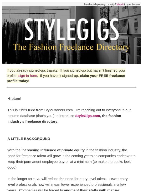 Fashion Freelance and Fractional Directory email from StyleCareers