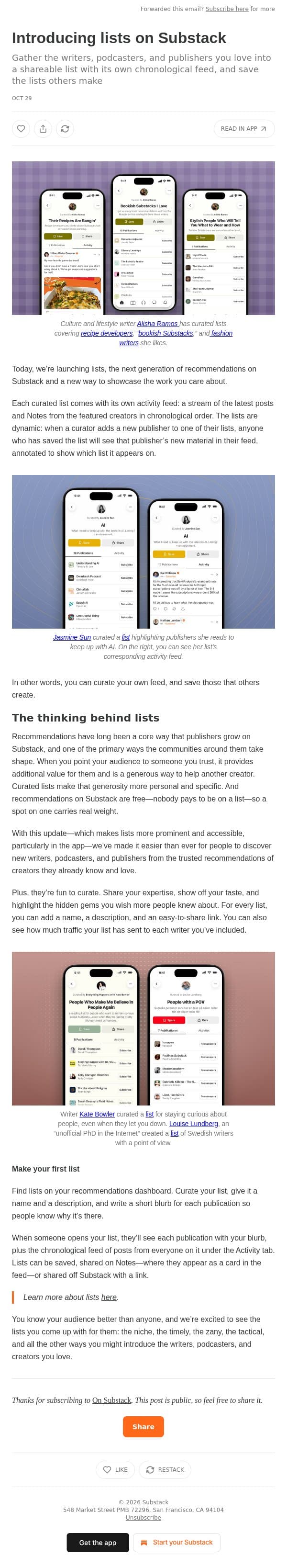 Introducing lists on Substack email from Substack screenshot