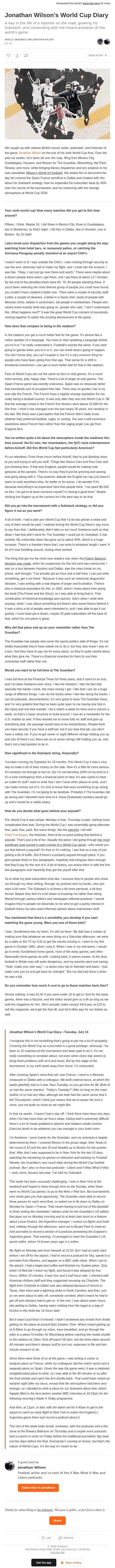 Jonathan Wilson’s World Cup Diary email from Substack screenshot