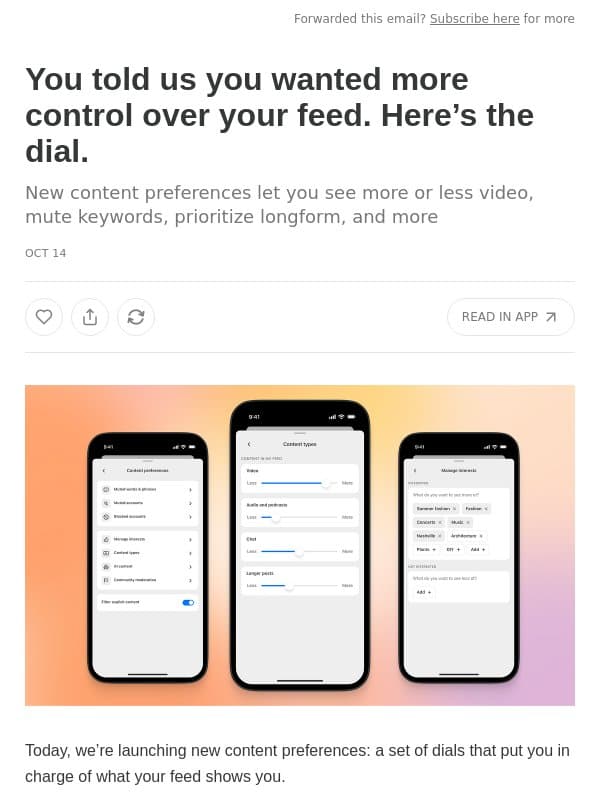 You told us you wanted more control over your feed. Here’s the dial. email from Substack