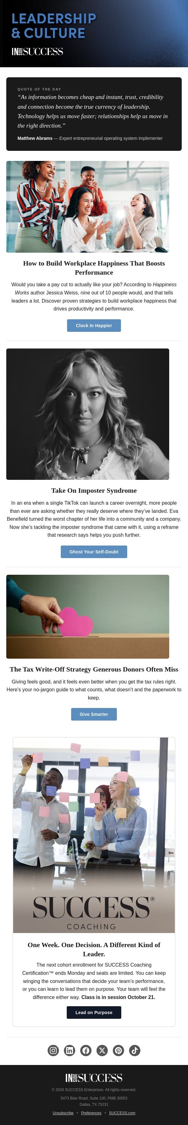 Would You Take a Pay Cut to be Happier? email from Success Magazine screenshot