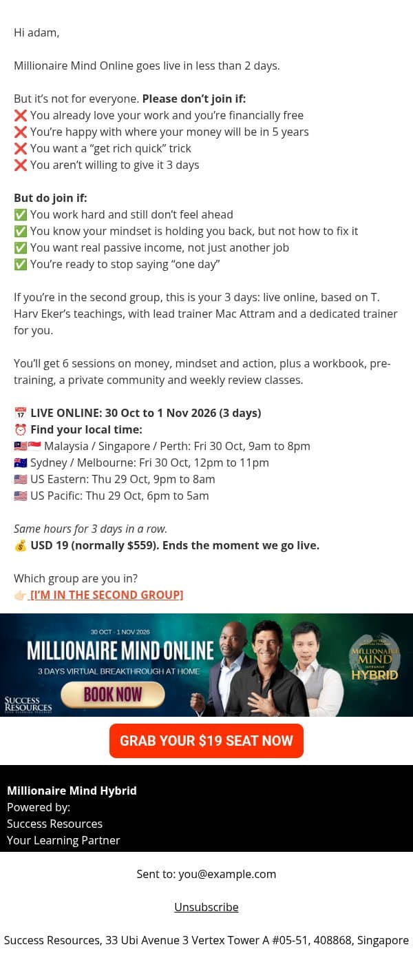 Please don’t sign up if this is you email from Success Resources screenshot